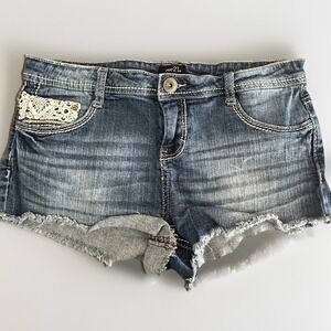 Y2K Rue21‎ Ultra Low Rise Denim Cut Off Jean Shorts Womens 7 Lace Detail